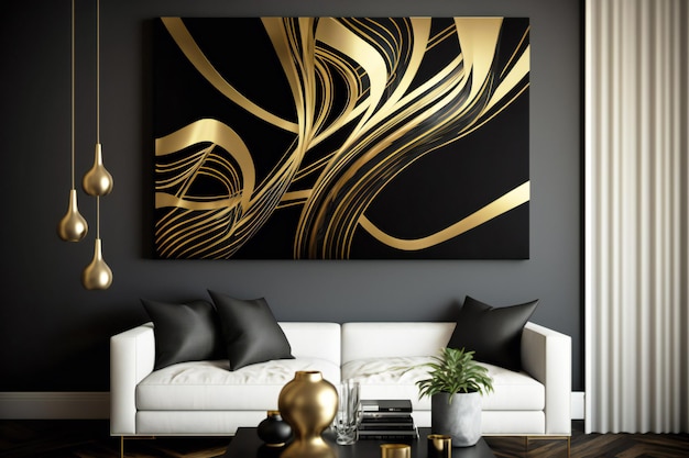 deco abstrato em cores de design preto e dourado na parede em um interior neural em estilo minimalista