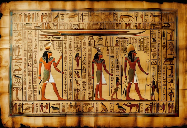 Foto decodificação de hieróglifos egípcios antigos em um pergaminho desgastado