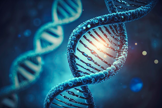 Decodificando o quebra-cabeça genético: um fio de DNA azul magnífico em um fundo escuro criado com tecnologia de IA generativa