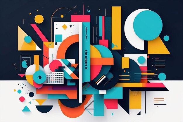 Deconstruido obra de arte inspirada en el posmoderno de símbolos abstractos vectoriales con geometría audaz