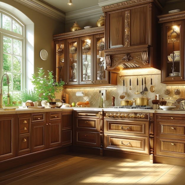 Decora el diseño tradicional de la cocina con armarios de madera oscura y ventanas grandes.