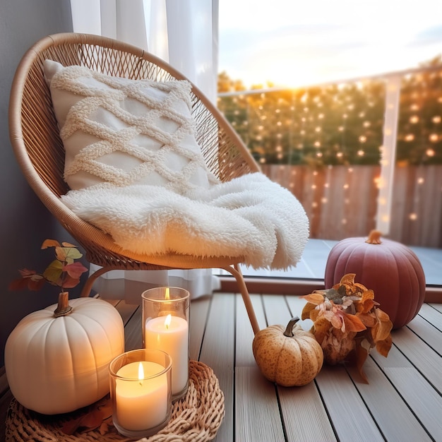 Decoração aconchegante de varanda de outono Decoração quente de varanda de cidade de outono com cadeira e travesseiros abóboras folhas amarelas e velas à luz da tarde