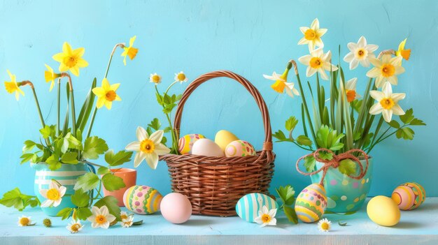 Decoração alegre da Páscoa Ovos coloridos e narcisos em cestas contra a parede azul