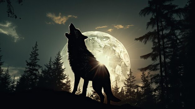 Foto decoração artística com foco seletivo na silhueta de um lobo uivando contra um céu iluminado pela lua e uma floresta estéril