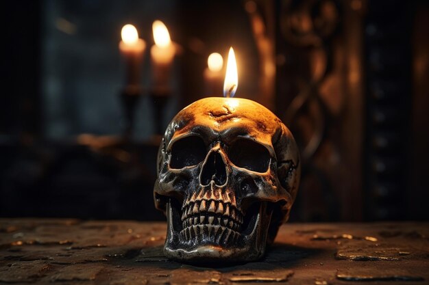 Decoração assustadora de Halloween com uma chama de vela iluminando um crânio humano brilhante escuro