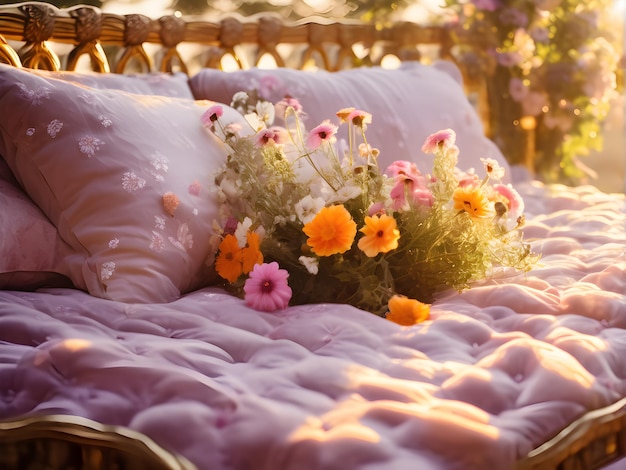 Foto decoração boho no quarto com luz solar e flores