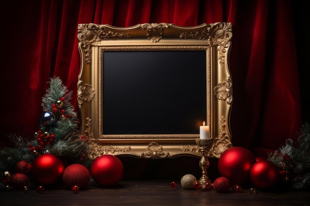 Decoração clássica de Natal com moldura dourada e tecido de veludo vermelho Ilustração Generative AI