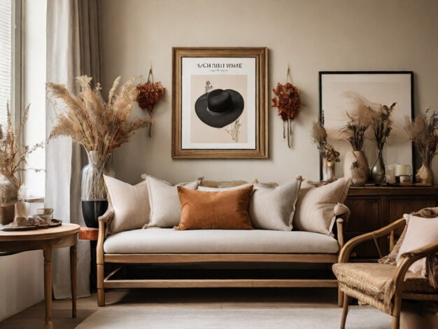 decoração da casa chique a sala de estar uma moldura de cartaz modelo acessórios elegantes flores secas vaso chapéu
