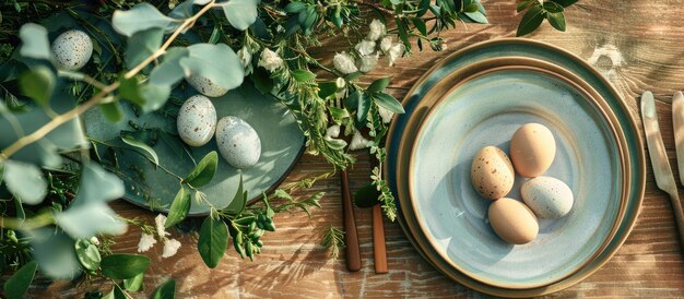 Decoração da mesa do jantar de Páscoa com pratos de cerâmica e ovos aninhados entre a vegetação