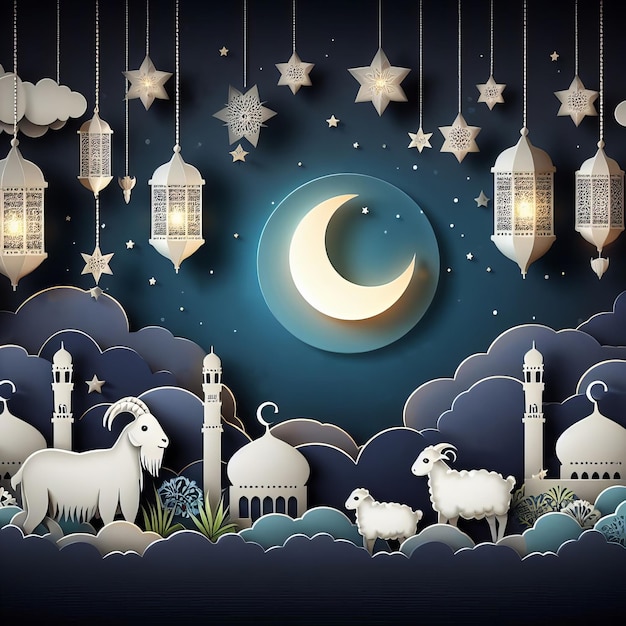 Foto decoração da mesquita islâmica de eid al adha com fundo de papel de camelo, cabra e vaca, estilo generative ai