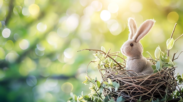 Decoração da Páscoa com coelho de Páscoa artesanal no ninho ensolarado