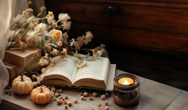 Decoração de abóbora outono-laranja com folhas e flores em livros antigos IA generativa