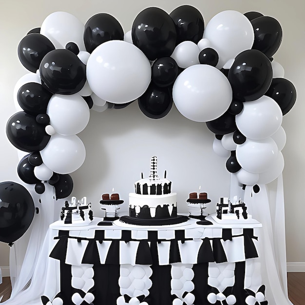 decoração de aniversário com balão preto e branco