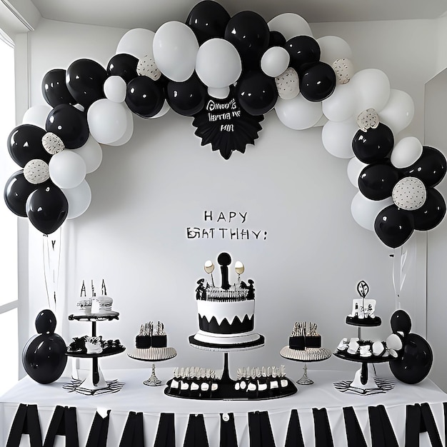 decoração de aniversário com balão preto e branco