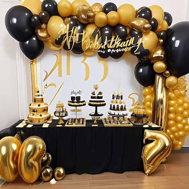 decoração de aniversário com balão preto e dourado