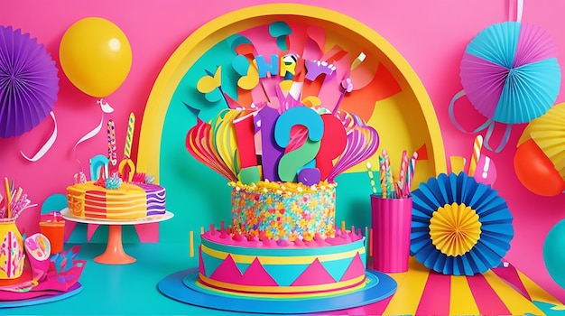 Decoração de aniversário divertida e colorida em estilo de corte de papel