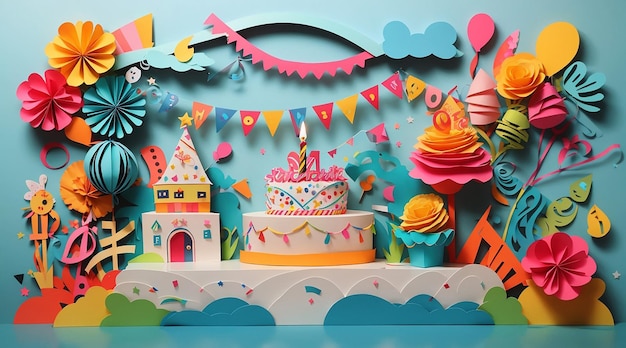 Decoração de aniversário divertida e colorida em estilo de corte de papel