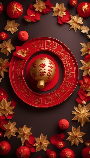 Decoração de Ano Novo Chinês com lanternas vermelhas e flor dourada em fundo preto