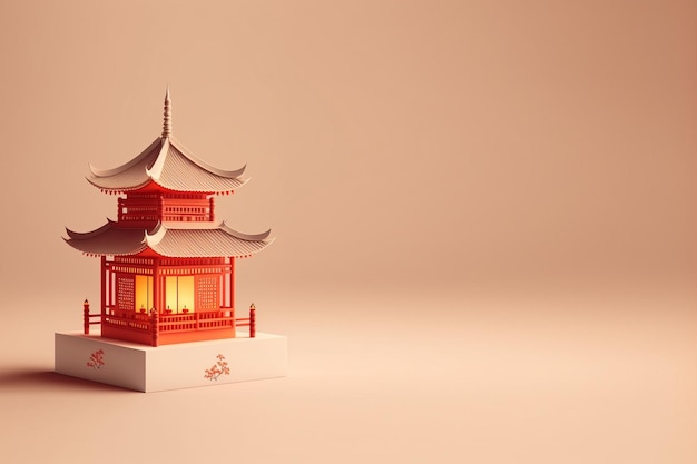 Decoração de Ano Novo Chinês Renderização 3D Realista Pagoda Fundo