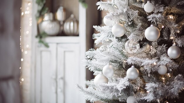 Decoração de árvore de Natal branca para a casa de campo inglesa, decoração de casa no campo e inspiração para celebração de feriados