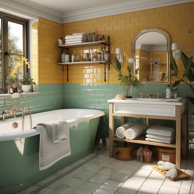Foto decoração de banheiro clássica 3d realista em uma mistura refinada de amarelo e verde-mar