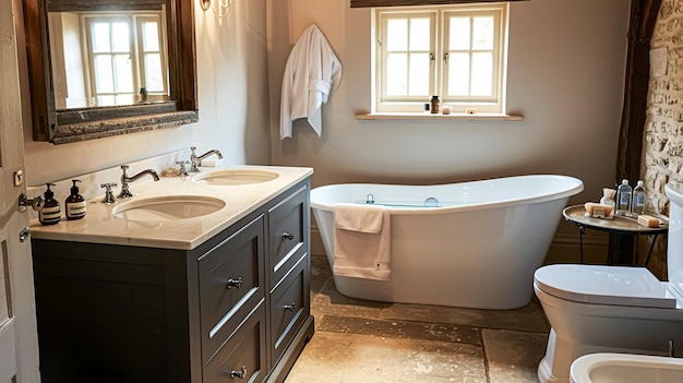 Foto decoração de banheiro de estilo cotswolds design de interiores e decoração de casa banheira e móveis de banheiro