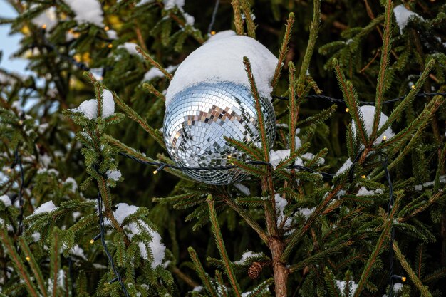 Decoração de bola de discoteca de Natal em um galho de árvore de abeto nevado Foco seletivo profundidade de campo rasa