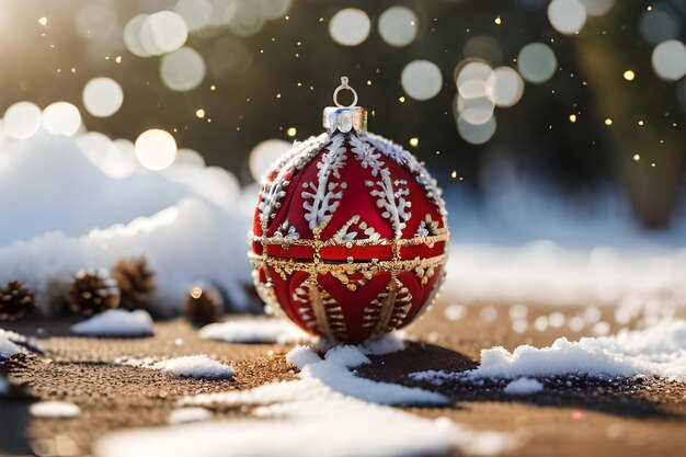 Foto decoração de bola de natal bonita e brilhante em um fundo de inverno coberto de neve