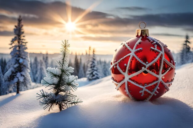 Foto decoração de bola de natal bonita e brilhante em um fundo de inverno coberto de neve