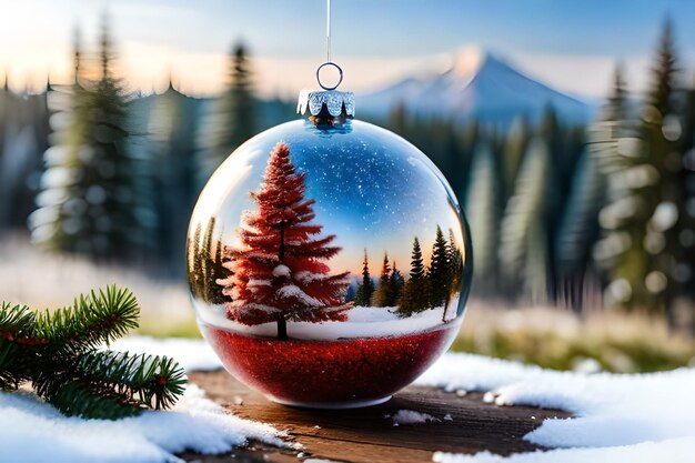 Foto decoração de bola de natal bonita e brilhante em um fundo de inverno coberto de neve