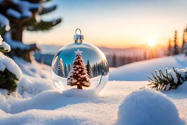 decoração de bola de Natal bonita e brilhante em um fundo de inverno coberto de neve