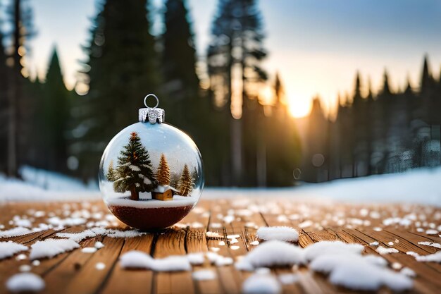 Foto decoração de bola de natal bonita e brilhante em um fundo de inverno coberto de neve