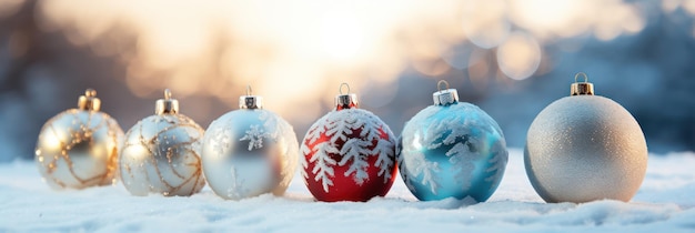 Decoração de bolas de Natal Bolas de Natal em bandeira de neve luzes bokeh fundo