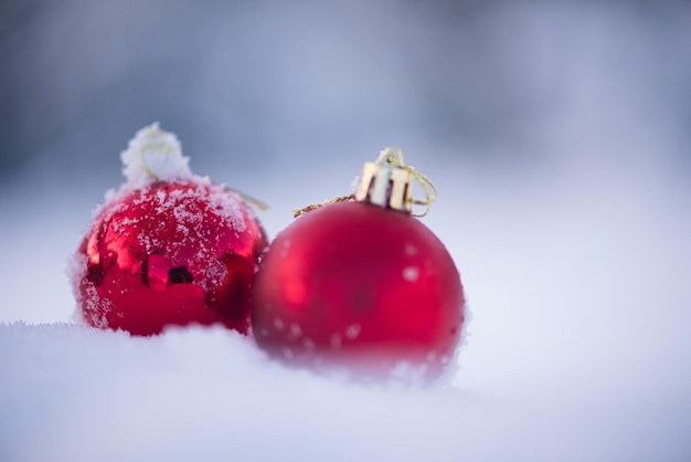 decoração de bolas vermelhas de natal em fundo de neve fresca em lindo dia ensolarado de inverno