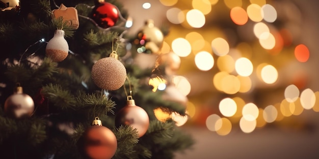 Decoração de bugiganga de Natal pendurada na árvore de Natal com ponto de luz brilhante Generative AI