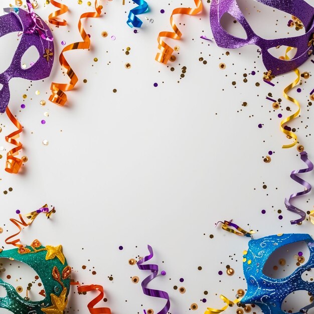 decoração de carnaval em uma superfície branca centro é vazio topdownview