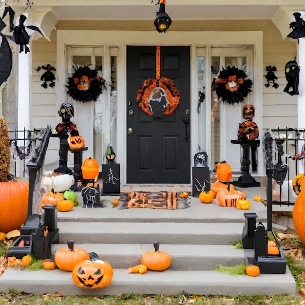 Foto decoração de casa ao ar livre de halloween com guirlanda de abóboras lanterna lápides esqueletos e monstros