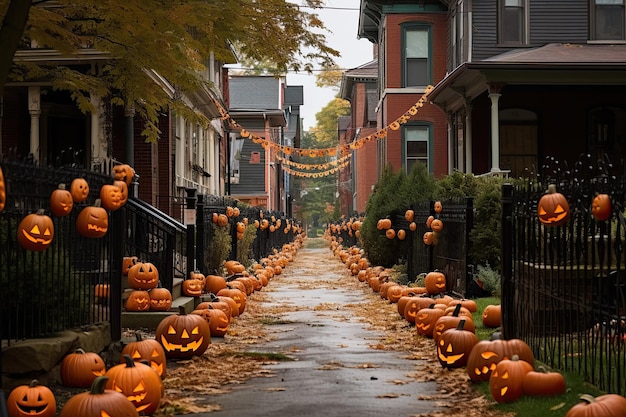 Decoração de casa sazonal para festa de Halloween com abóboras na rua Generative AI