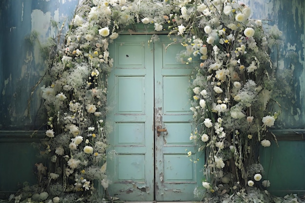 Decoração de casamento com flores brancas e porta de madeira verde Tailândia