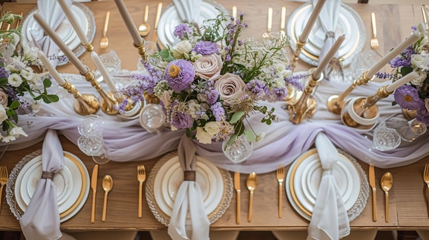 Decoração de casamento com tema de lavanda design de decoração floral e belos arranjos de decoração