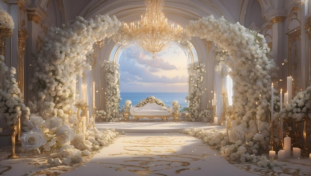 Decoração de casamento elegante e luxuosa com um arco floral em cascata de rosas brancas à luz de velas suaves