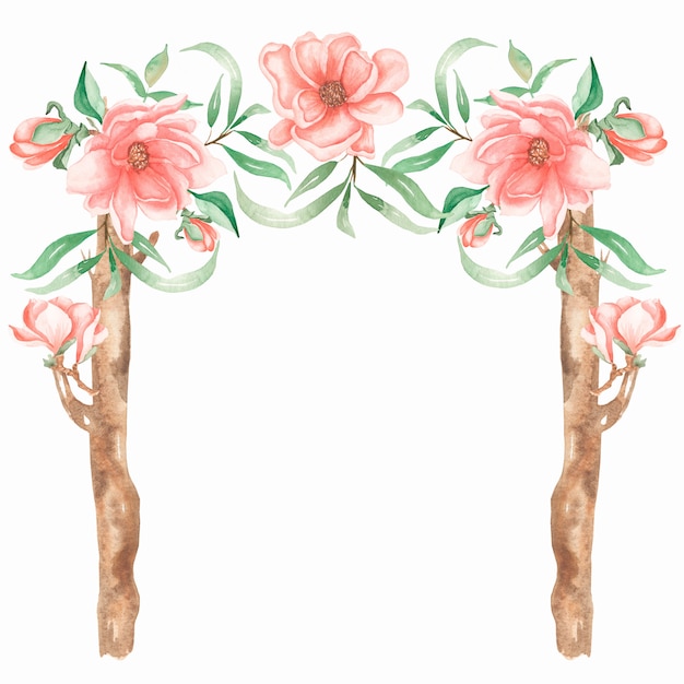 Decoração de casamento em aquarela com flores de peônia e magnólia. elemento de casamento de madeira desenhada de mão