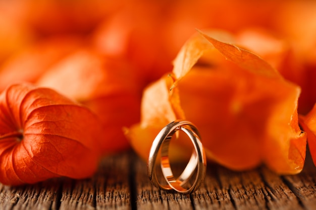 Foto decoração de casamento. folhas vermelhas na mesa resistida com alianças