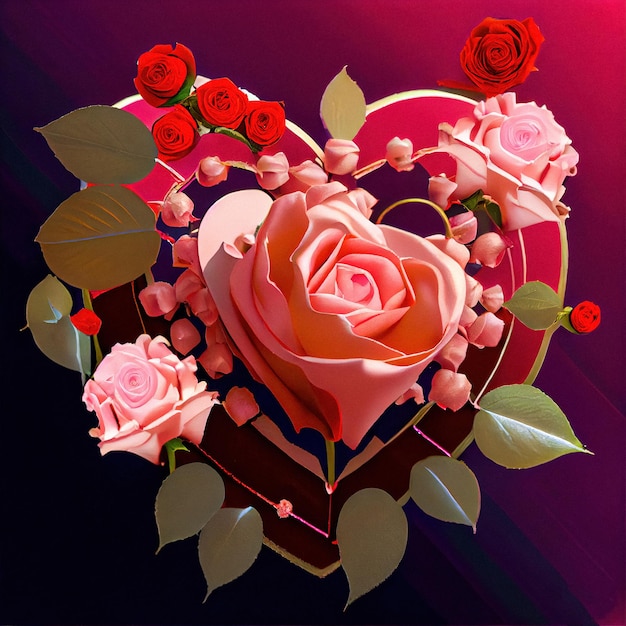Decoração de coração rosa Generative AI Cartão de dia dos namorados fundo roxo e vermelho com coração vermelho com contorno dourado e rosas vermelhas e cor de rosa na frente bela composição desenhada estilo de colagem