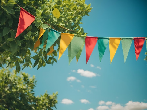 Decoração de corda de flâmula colorida em folhagem de árvore verde sobre fundo de festa de verão de céu azul