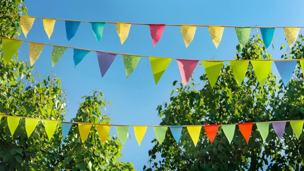 Decoração de cordas de bandeira colorida em folhagem de árvore verde em fundo de festa de verão de céu azul