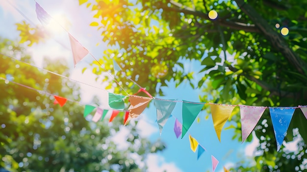 Foto decoração de cordas de pennant coloridas em folhagem de árvore verde em céu azul festa de verão ba ia generativa