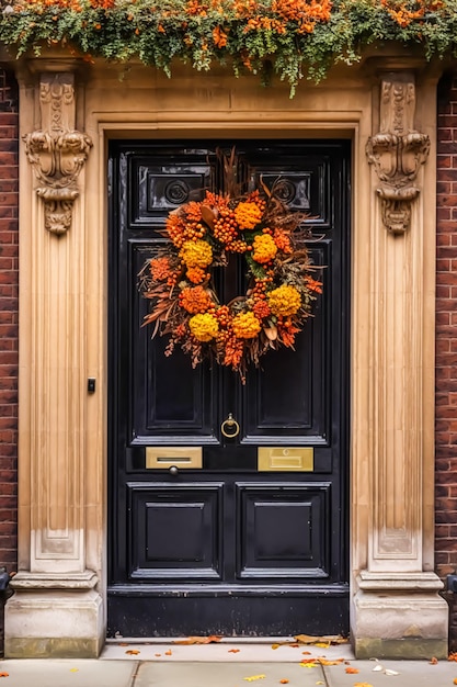 Decoração de coroa de outono em uma entrada de porta clássica dando as boas-vindas à temporada de férias de outono com decorações outonais generativas ai