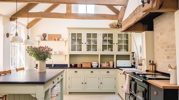 Decoração de cozinha de fazenda e design de interiores em inglês em armários de cozinha em estrutura madeira velha em uma casa de campo inspiração de estilo de casa de campo elegante