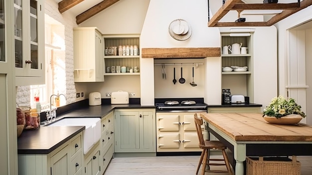 Decoração de cozinha de fazenda e design de interiores em inglês em armários de cozinha em estrutura madeira velha em uma casa de campo inspiração de estilo de casa de campo elegante
